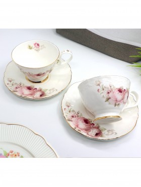 Porcelain Pink Peony 2 Cups 2 Saucers W/ Gift Box 